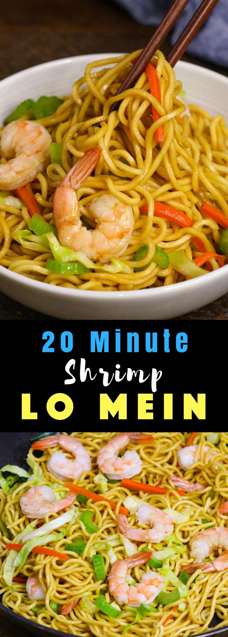 This Garlic Shrimp Lo Mein is loaded with succulent shrimp, fresh vegetables and lo mein noodles. It comes together in about 20 minutes and is so much better than takeout. Simple, fast and delicious!