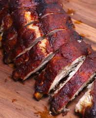 Baby back ribs that have been cooked using the 3 2 1 method