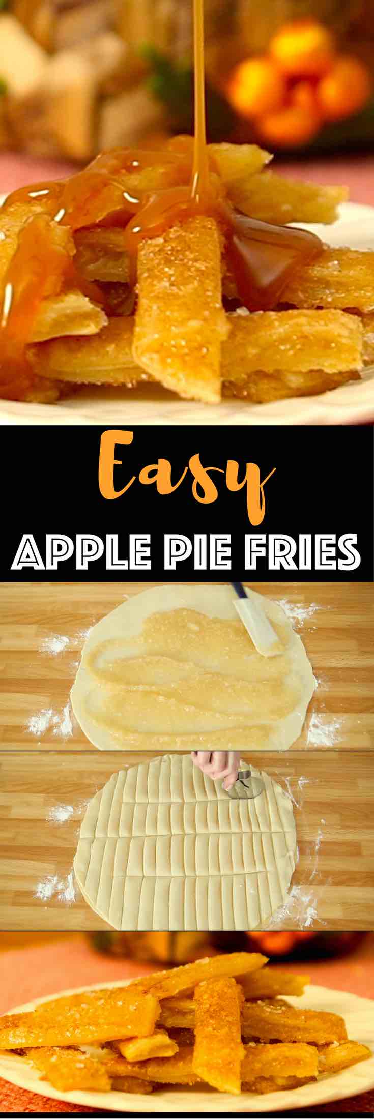The Most Incredible Baked Apple Pie Fries: Delicious, crispy and healthy apple fries tossed with cinnamon sugar and baked to perfection golden brown color, drizzled with caramel sauce! All you need is a few simple ingredients: store bought pie crust, apple pie filling, cinnamon and sugar, nutmeg and milk. Quick and easy recipe, party desserts. Vegetarian. Video recipe. | Tipbuzz.com