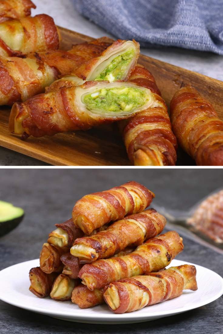 Bacon-wrapped Spring Rolls – filled with avocado, eggs, red onion, jalapeno, salt and pepper and wrapped in bacon, then baked until crispy. Easy to make for breakfast or brunch and great as a grab-and-go option for busy weekday mornings. Video recipe. AD