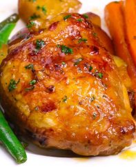 Baked honey garlic chicken with carrots, green beans and potatoes
