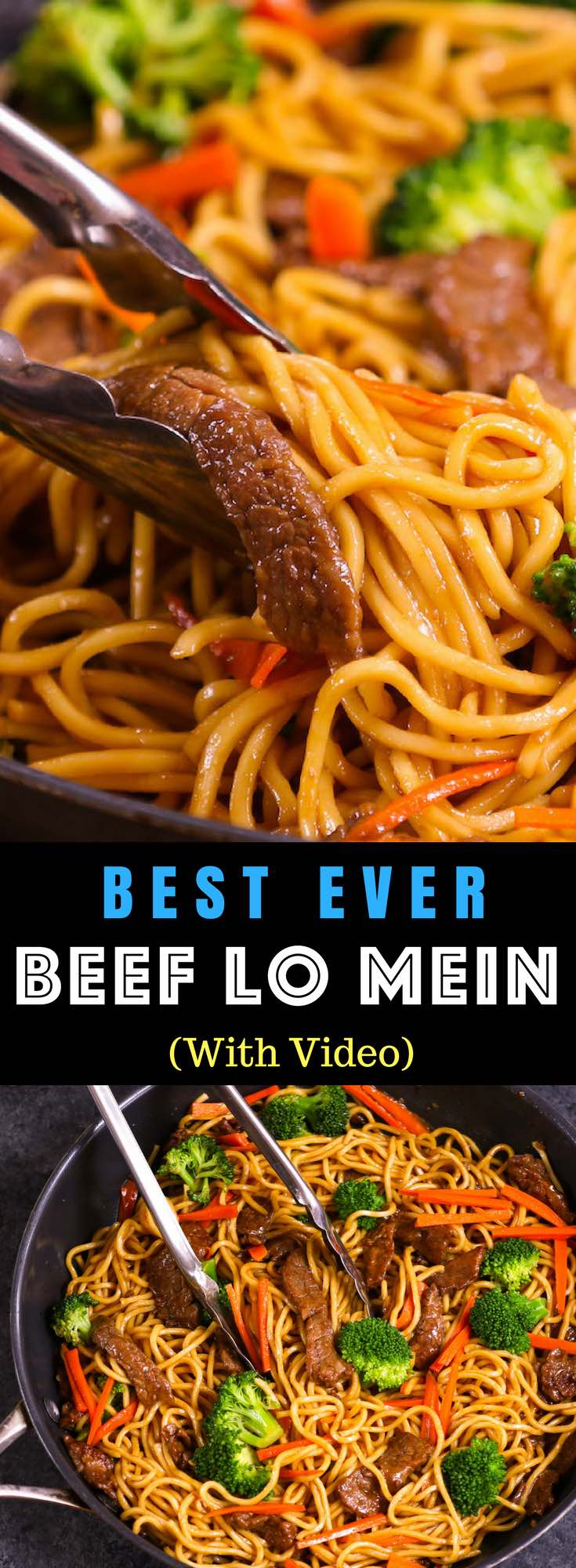 This Garlic Beef Lo Mein is a quick and easy version of classic Chinese dish. It’s so much better than takeout and seriously irresistible with tangy garlic and soy sauce flavors, the perfect weeknight dinner idea you can make in 20 minutes! All you need is only a few ingredients: flank steak, lo mein noodles, garlic, carrots, broccoli, sesame oil, soy sauce, hoisin sauce, ginger and brown sugar. Video recipe. class=