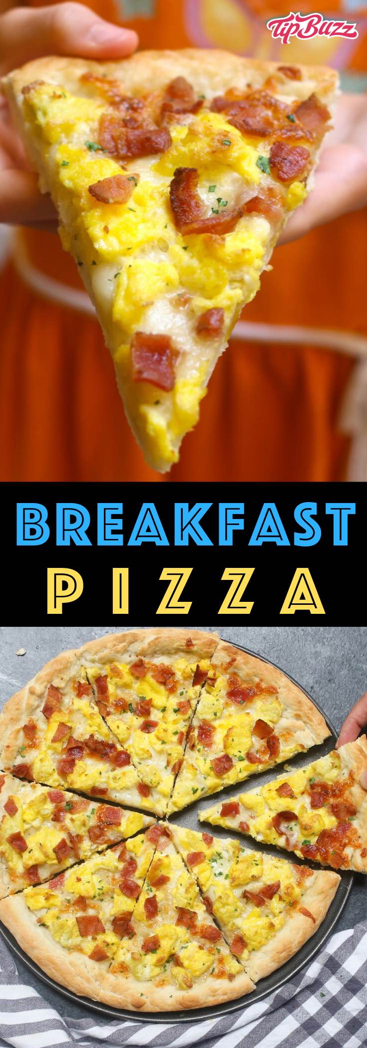 Easy Breakfast Pizza recipe begins with homemade pizza dough, topped with crisp bacon bits, scrambled eggs and mozzarella cheese. 