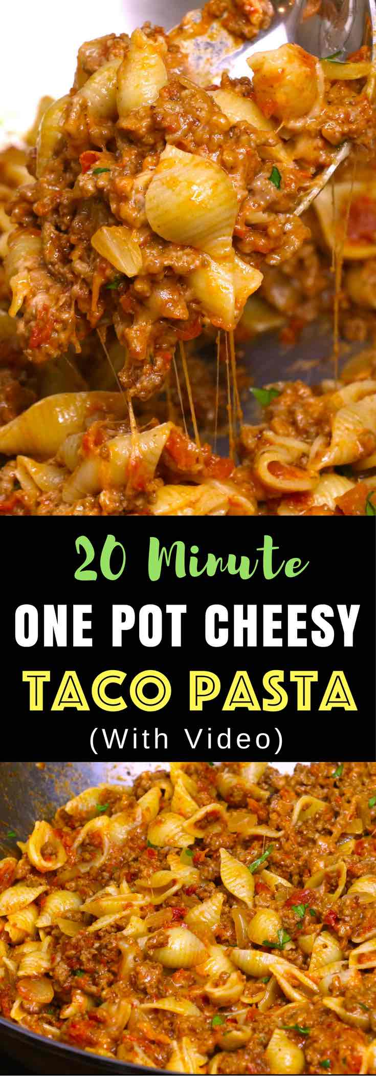 One-pot Cheesy Taco Pasta – One of the easiest quick dinner recipes. It’s loaded with ground beef and shredded cheddar cheese. So delicious. This simple and easy recipe comes together in 20 minutes. Quick and easy recipe. Video recipe. 