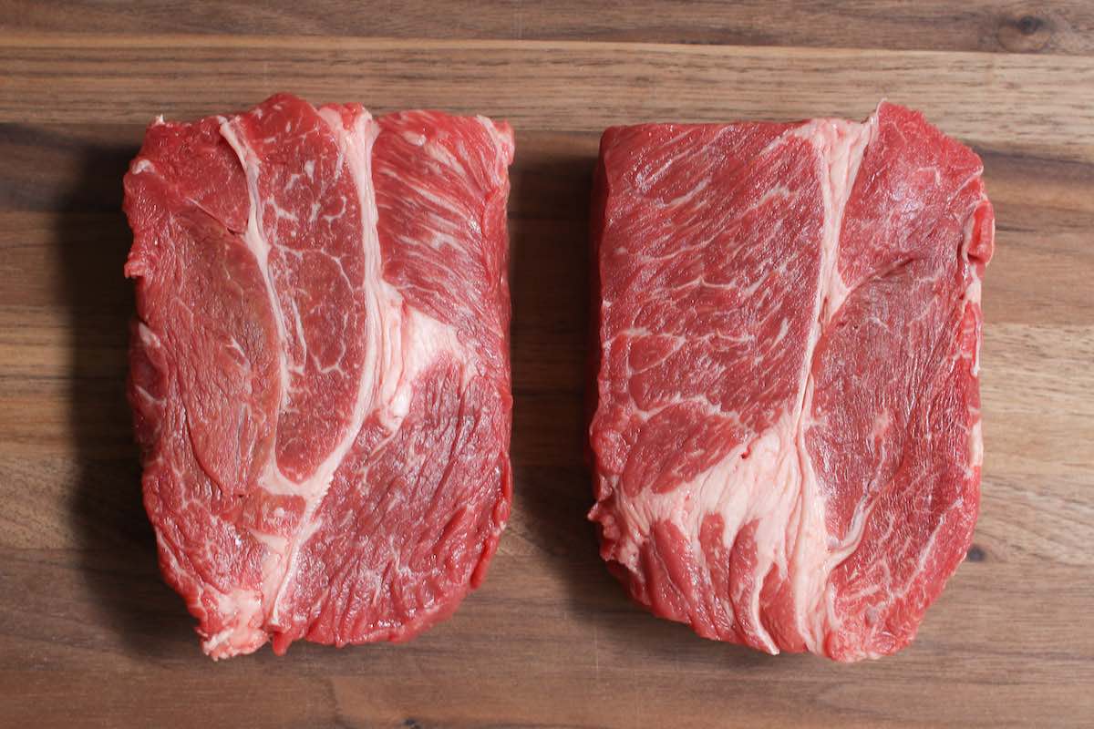 Raw chuck eye steaks cut from the chuck primal section
