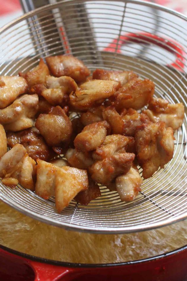 Deep fried chick thighs used to make Szechuan chicken