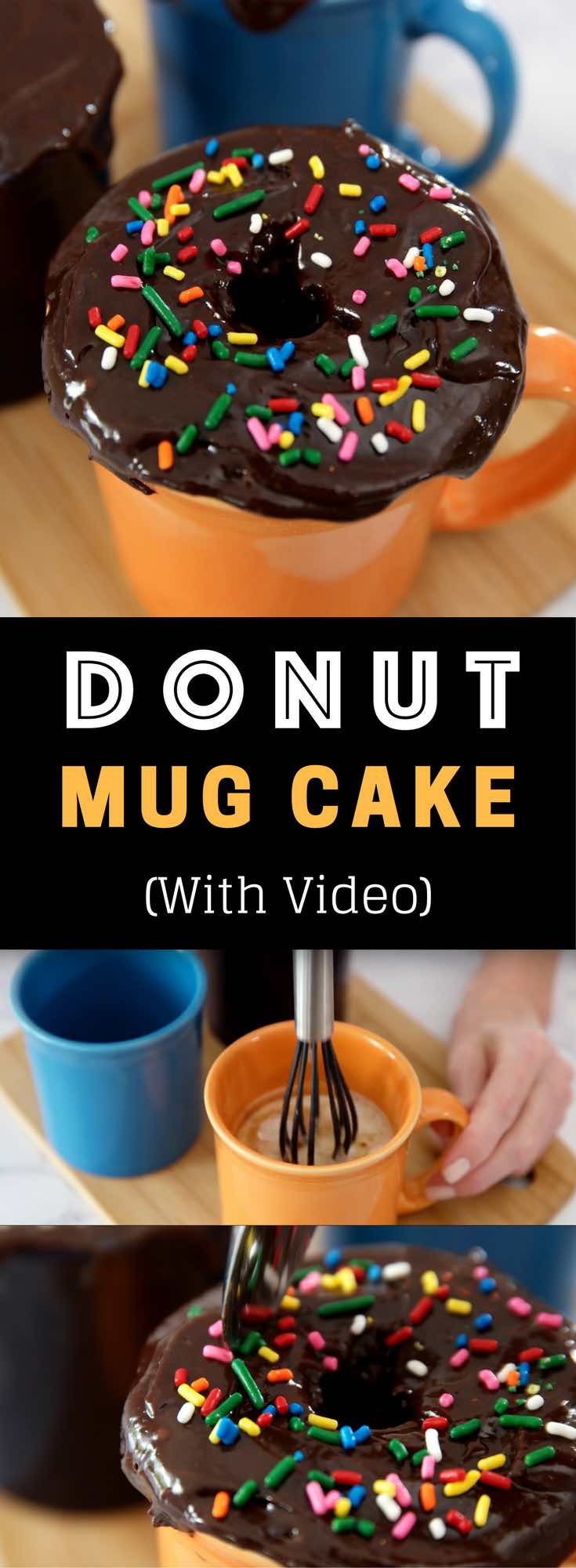 5 Minute Donut Mug Cake – A creamy, fluffy, delicious cake cooks in a mug in the microwave, ready in 5 minutes. It only requires a few simple ingredients: flour, sugar, baking powder, oil, milk, vanilla, chocolate chips, cream and nutmeg. Donut shape gives it extra fun. So good and easy to make for the perfect dessert or snack. No bake. Vegetarian. Video recipe. | tipbuzz.com