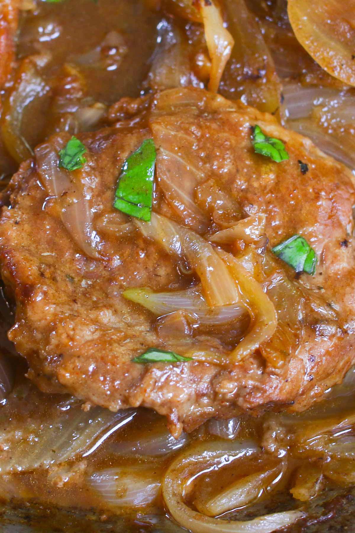 Closeup of balsamic braised eye of round steak