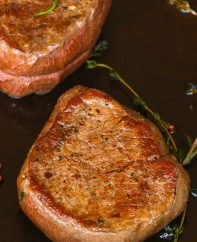 Filet mignon pan seared to produce a beautiful caramelized crust