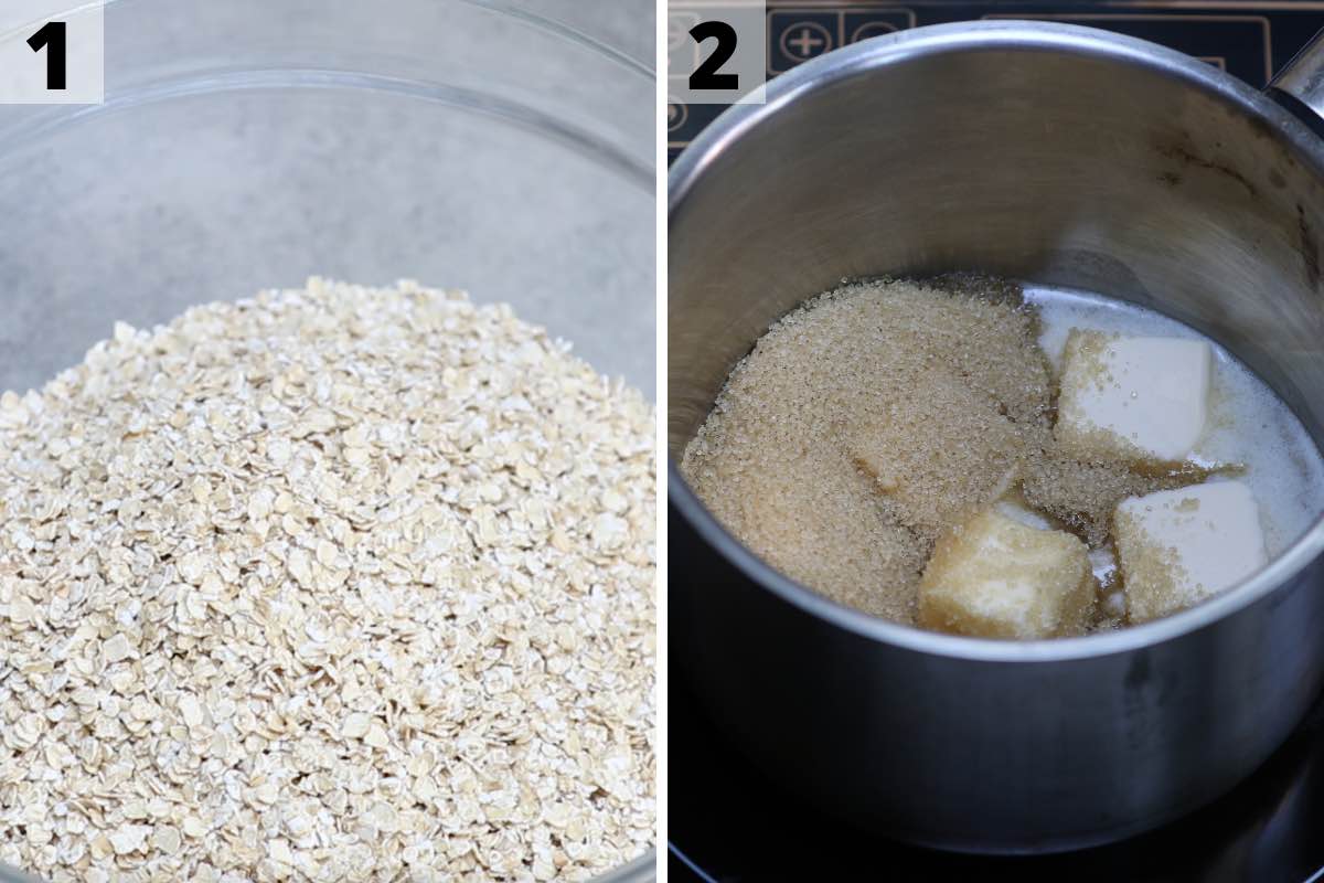 A bowl of oats and the butter mixture melting in a small saucepan