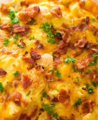 A fluffy and perfect Frittata – loaded with bacon, cheese, eggs and vegetables. Once you know the basics, the filling options are endless. It takes less than 20 minutes and is a great recipe to clean out the refrigerator!