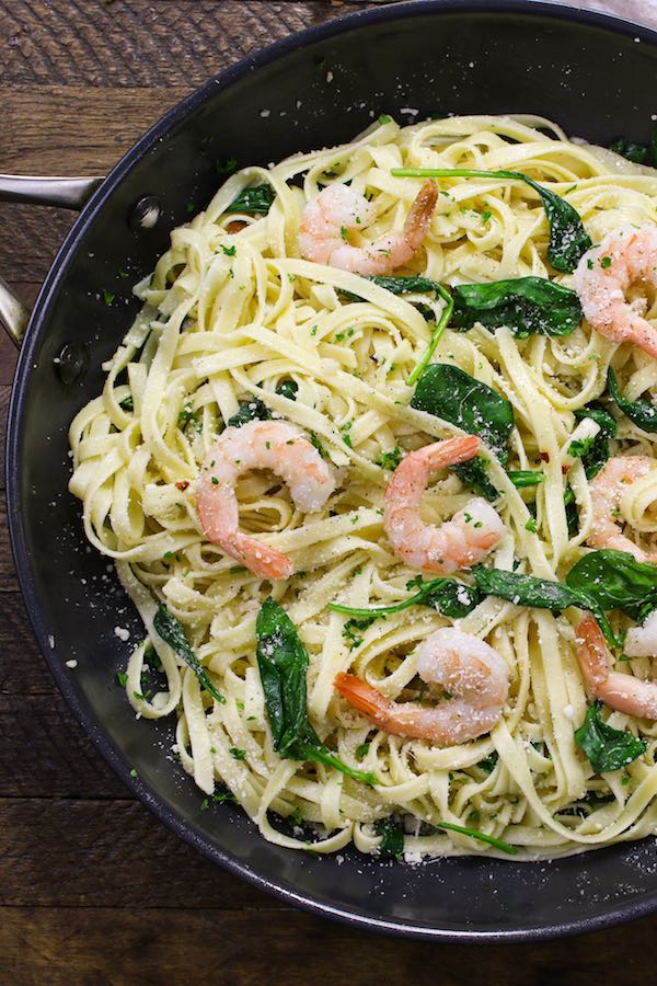 Garlic Butter Shrimp Pasta in the pan