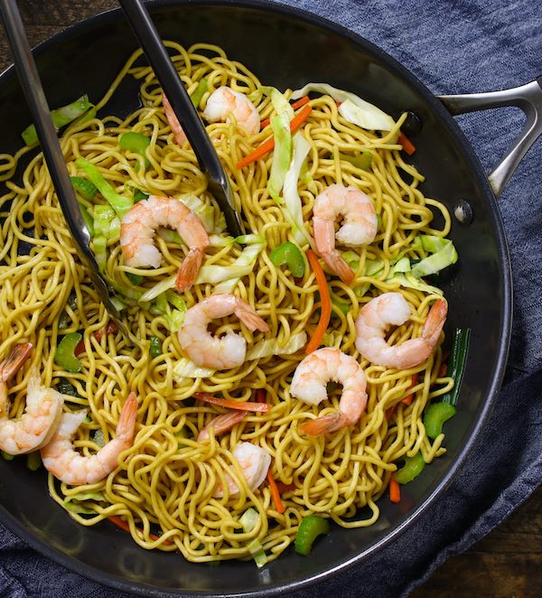 Shrimp Lo Mein in a skillet ready to be served