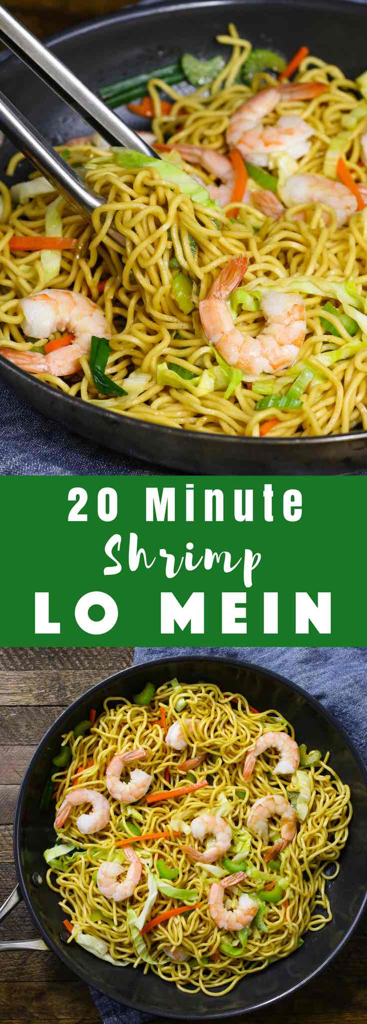 This Garlic Shrimp Lo Mein is loaded with succulent shrimp, fresh vegetables and lo mein noodles. It comes together in about 20 minutes and is so much better than takeout. Simple, fast and delicious!