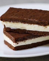 Delicious ice cream sandwiches made with homemade chocolate wafers and vanilla ice cream