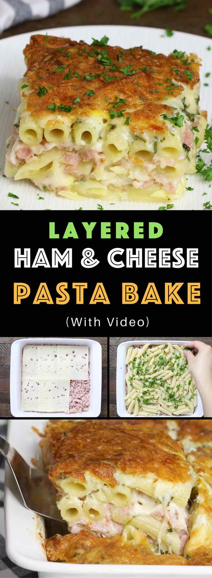 Layered Ham And Cheese Penne Bake – creamy and cheesy layered penne pasta, ham and Swiss cheese baked in the heavy cream and eggs mix. Perfect dinner for a hungry crowd! Quick and easy dinner recipe. Video recipe. | Tipbuzz.com