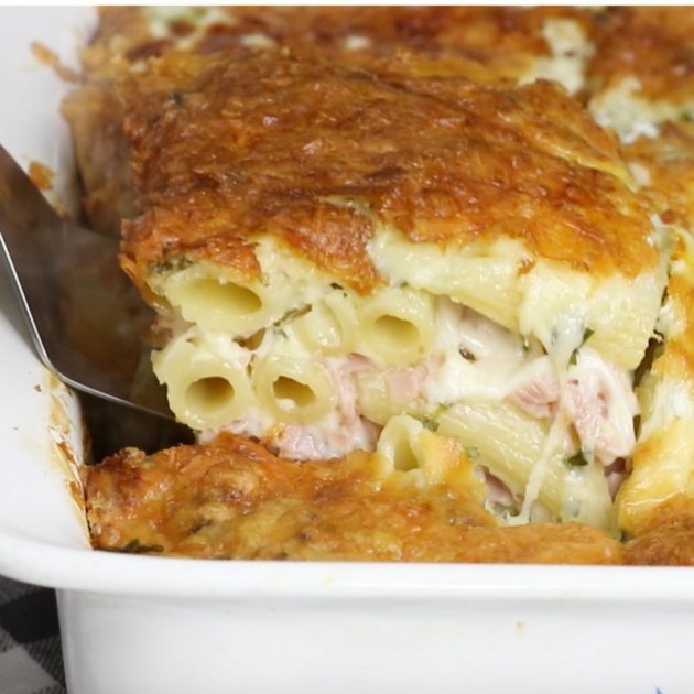 Closeup of the crispy golden au gratin top of this layered pasta bake