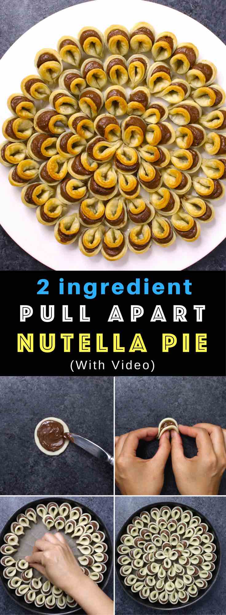 Easy Nutella Pie Pull Apart – A beautiful pull apart pie with only 2 ingredients: pie crust and Nutella. Great for sharing at a party. So good! Simple and easy recipe. Vegetarian. Video recipe. #nutellapie #easypierecipe #2ingredients #quickandeasydessertrecipes #quickandeasydessert #videorecipes #vegetarian #easydessert #easycooking #easyrecipe #nutella #pie #fallrecipes #partyrecipes