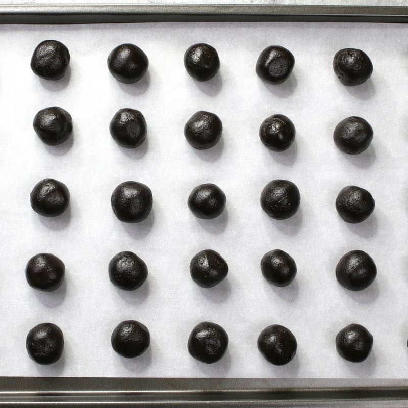 4 Ingredient Oreo Truffles - this photo shows oreo balls arranged on a baking sheet to chill before being made into oreo truffles
