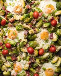 Oven baked eggs with Brussel Sprouts made on a sheet pan