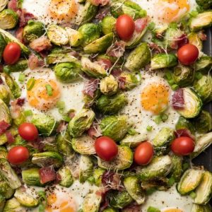 Oven baked eggs with Brussel Sprouts made on a sheet pan