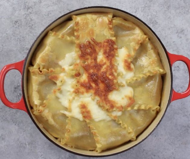 This photo shows Party Lasagna after baking coming out of the oven