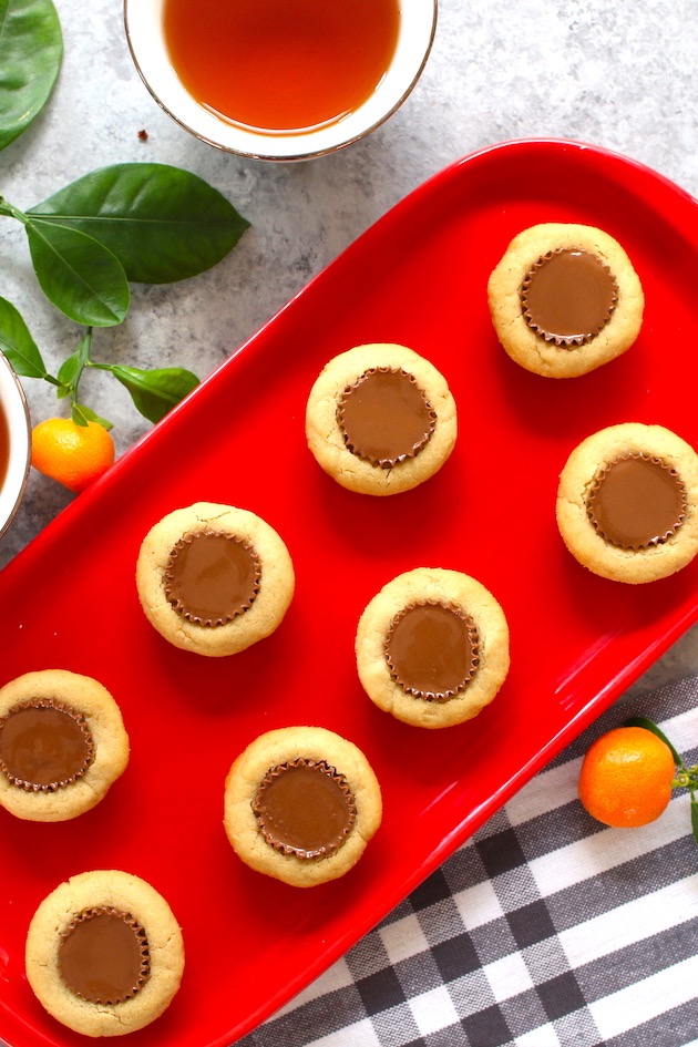 Peanut butter cup cookies served on a red plate