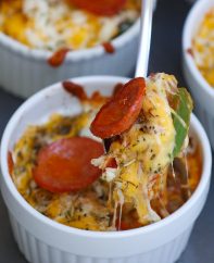 These Easy Pizza Bowls are freshly baked crustless pizza with your favorite toppings like pepperoni, veggies, and cheese! It takes less than 15 minutes to make and this low-carb option will satisfy your pizza cravings without blowing your Macro’s.