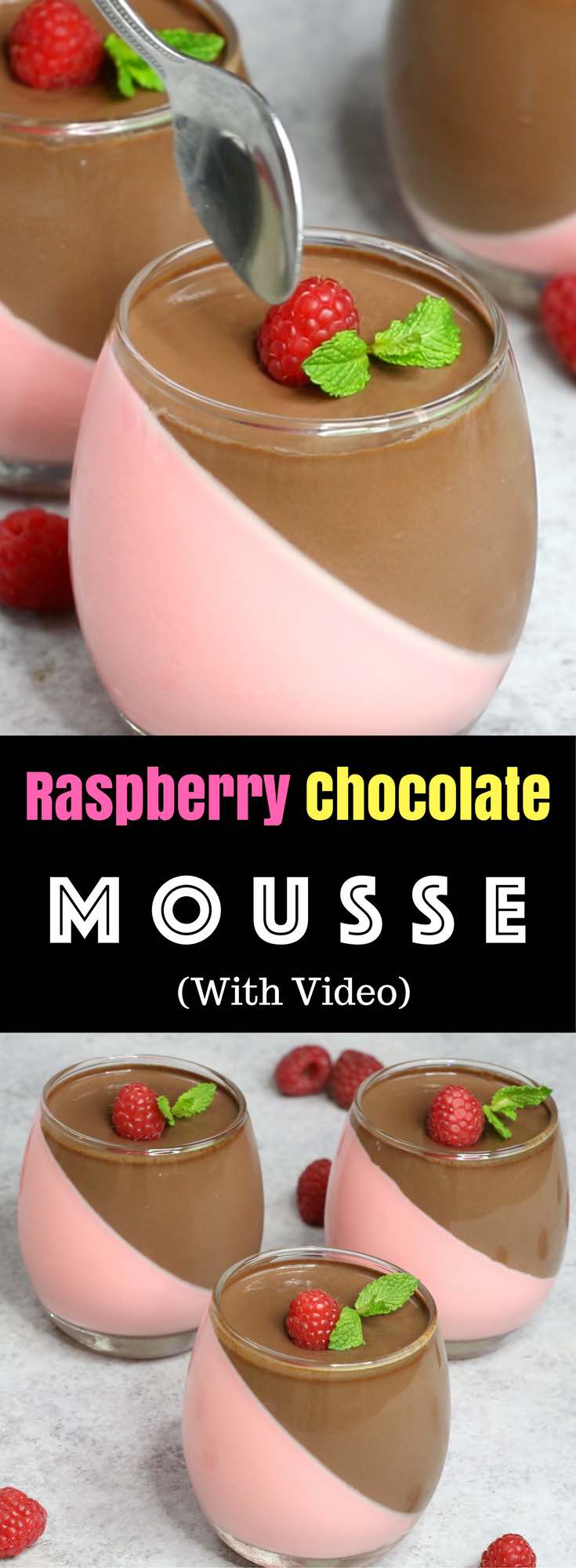 Raspberry And Chocolate Mousse – looks so elegant with two layers and tastes so delicious that you won’t believe how easy it is to make! Creamy, rich and smooth dessert topped with fresh raspberry and mint. All you need is some simple ingredients: raspberry jello, whipped cream, gelatin, heavy cream, sugar and chocolate. Wow your guest with this refreshing dessert at your next party! No bake dessert. Video recipe. | Tipbuzz.com
