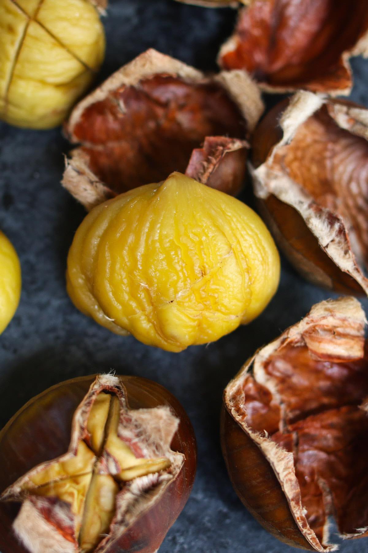 Closeup of peeled chestnuts after roasting.