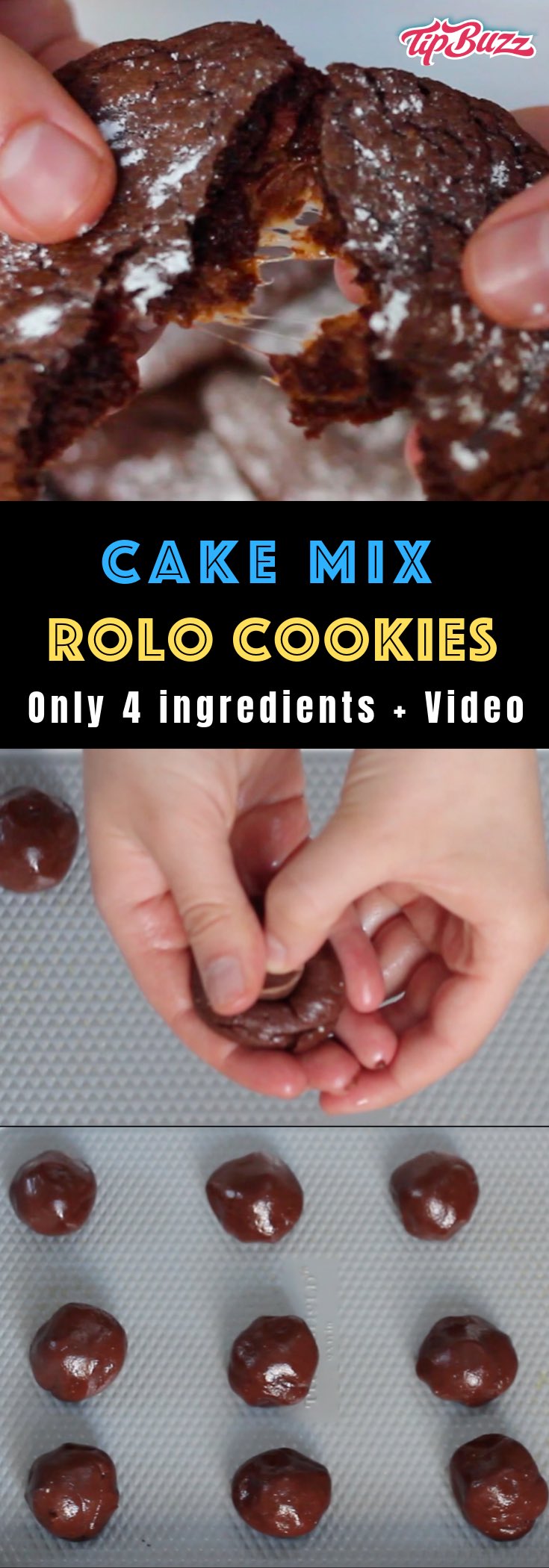 These Rolo Cookies are soft and chewy treats filled with a Rolo chocolate caramel in the middle. It will take your cookie game to the next level! This 4-ingredient Rolo stuffed cake mix cookies recipe is so easy to make and perfect for holidays. 