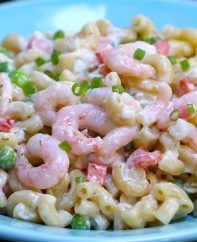 Closeup of a creamy seafood pasta salad made with salad shrimp