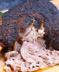 Smoked pork shoulder made into pulled pork