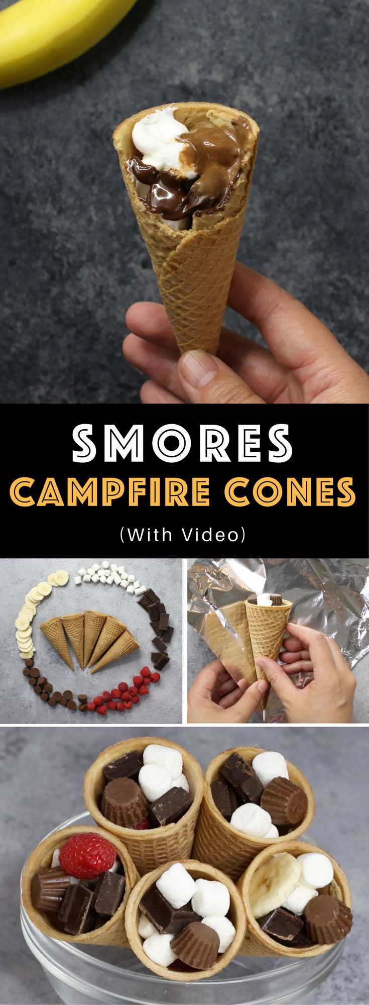 Easy S’mores Campfire Cones – An easy and fun summer treats recipe. All you need is only a few ingredients: ice cream cones, mini-marshmallows, banana, raspberry, mini peanut butter cups and chocolate bars. This recipe can be customized with your favorite candies or fruits. Campfire recipe. Quick and easy recipe. Video recipe. | Tipbuzz.com