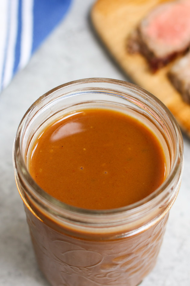 Steak sauce in mason jar on the counter