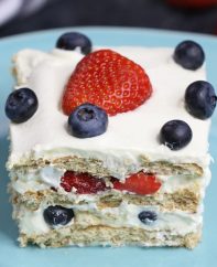 Strawberry Icebox Cake serving on a plate showing layers of pudding, graham crackers and fresh strawberries for a delicious no bake dessert