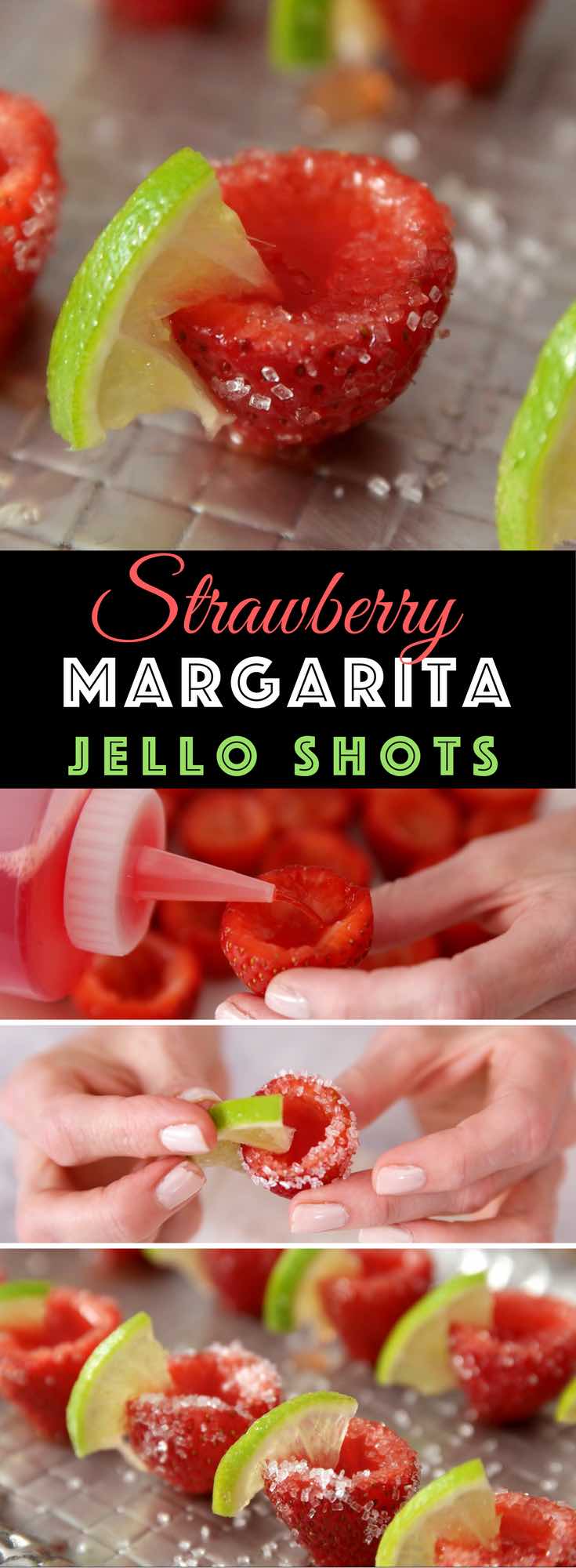 Easy Strawberry Jello Shots – Perfectly sweet and delicious. All you need is a few ingredients: fresh strawberries, strawberry jello, tequila, margarita mix, sugar and lime. So yummy! Great for parties! Quick and easy recipe. Video recipe. | Tipbuzz.com