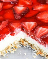 Strawberry Pretzel Salad closeup of the 3 layers in this delicious Southern dessert