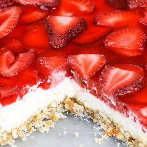 Strawberry Pretzel Salad closeup of the 3 layers in this delicious Southern dessert