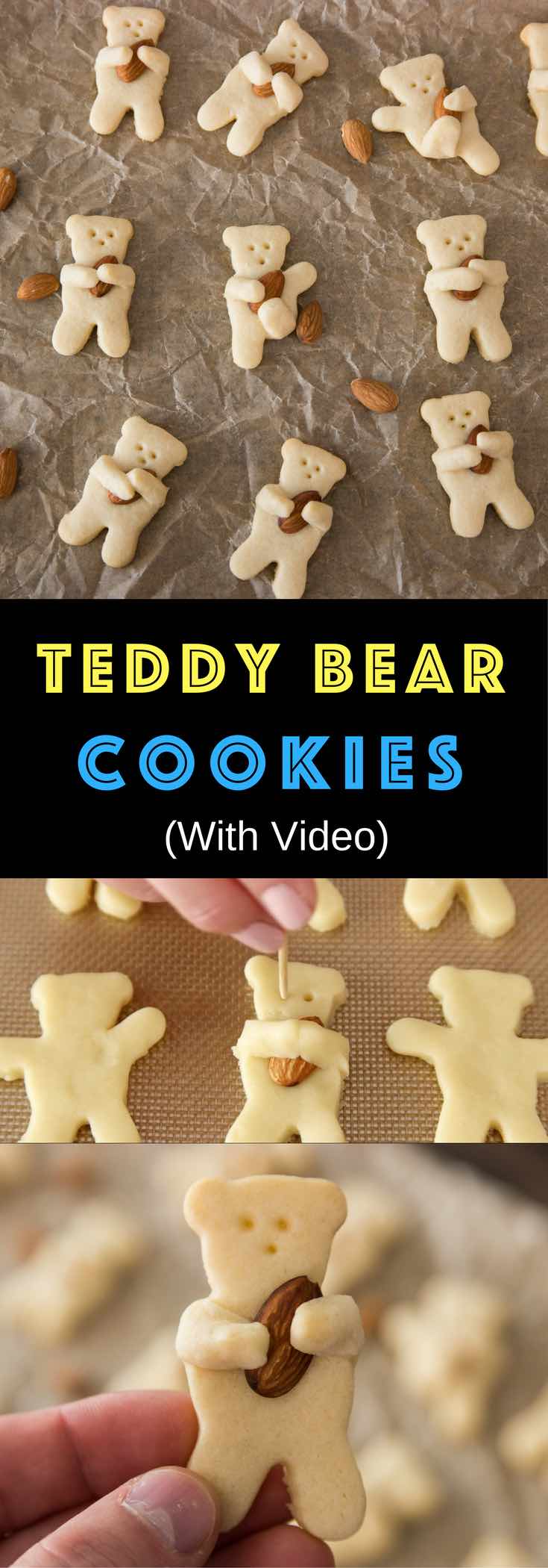 Cutest teddy bear cookies are so delicious and easy to make. All you need is to make the sugar cutter cookie dough, and cut them into teddy bear shapes. Have some fun with different positions: hugging almonds, play football, etc. Quick and easy recipe. Party food. Video recipe. | Tipbuzz.com 