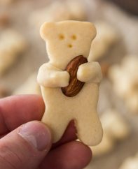 Closeup of a bite-size Teddy Bear Cookie made with sugar cookie dough