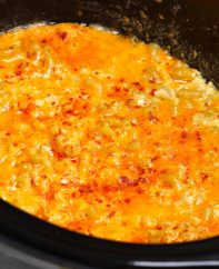 Crockpot macaroni and cheese cooked to golden perfection