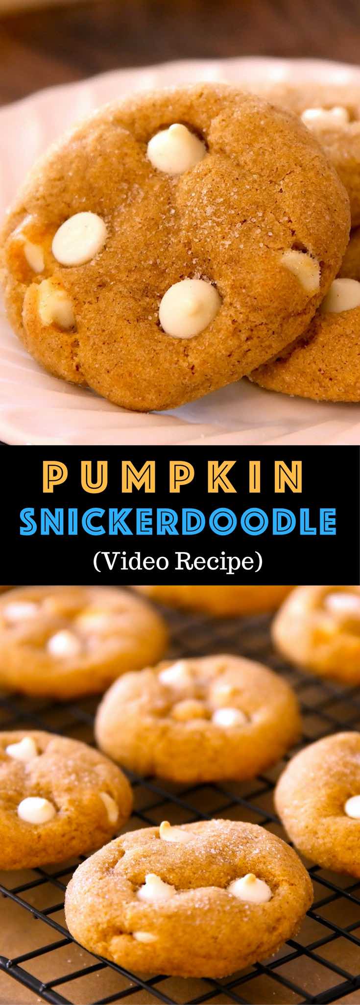 These White Chocolate Pumpkin Snickerdoodle Cookies are soft, chewy, pumpkin-y and cinnamon-y. Satisfy your inner cravings... So good! Easy video recipe.